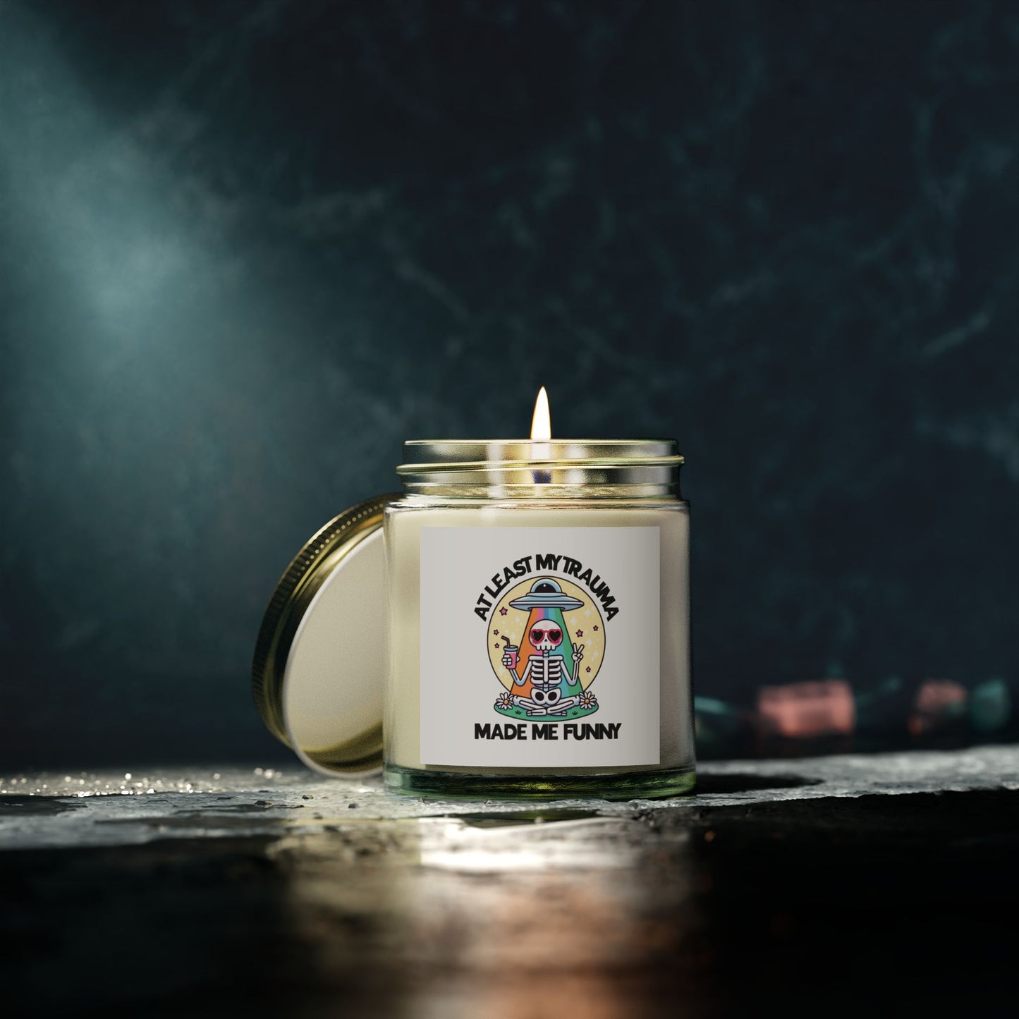 Humorous Scented Candle - "At Least My Trauma Made Me Funny" - Coconut Apricot Wax (4oz & 9oz)