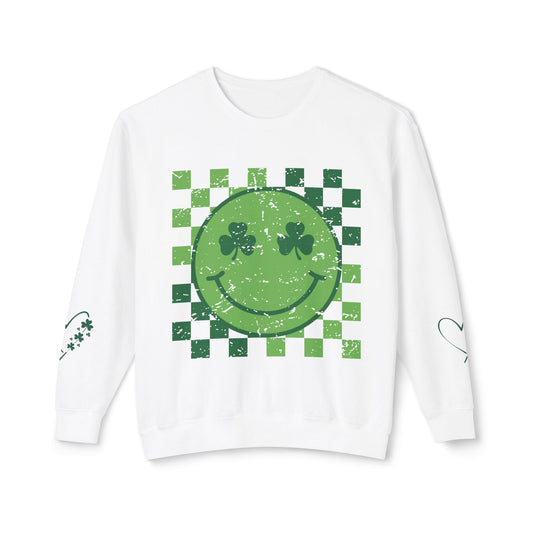 St. Patrick's Day Smiley Sweatshirt - Unisex Lightweight Crewneck with Shamrocks